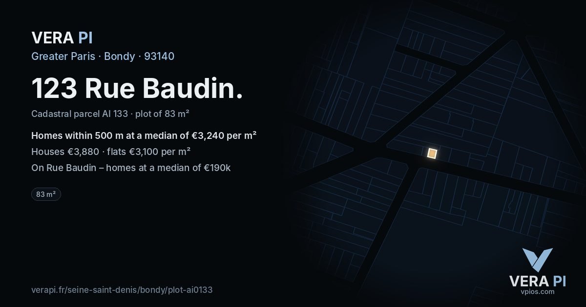 123 Rue Baudin, Bondy at night – the plot lit, the parcels around coloured by the prices near them