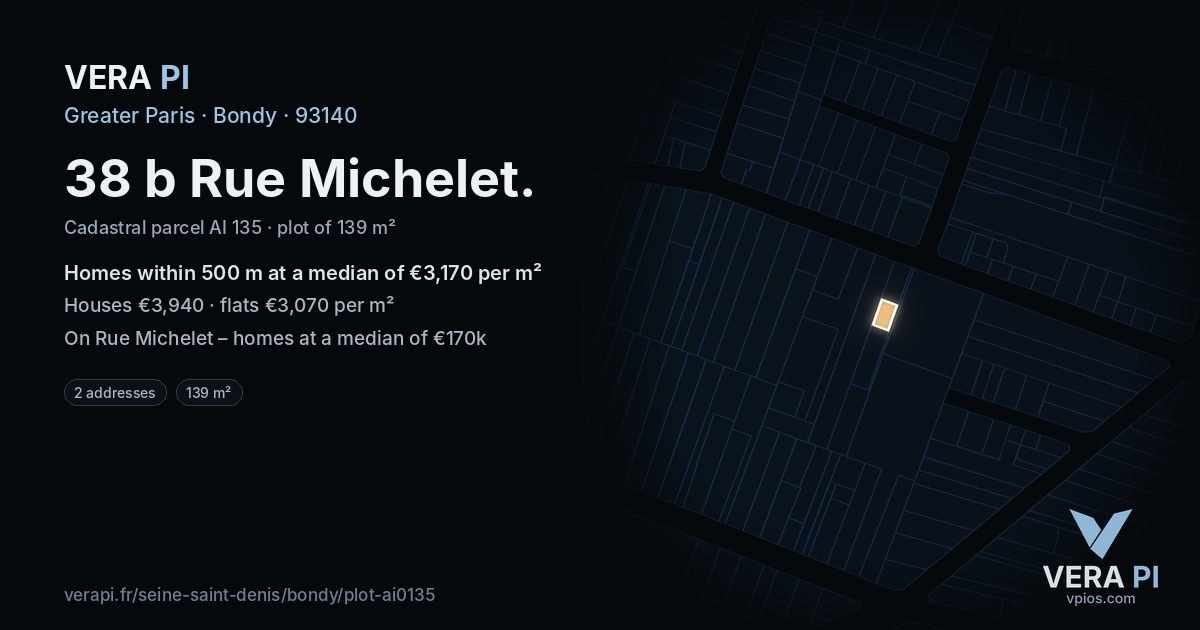 38 b Rue Michelet, Bondy at night – the plot lit, the parcels around coloured by the prices near them
