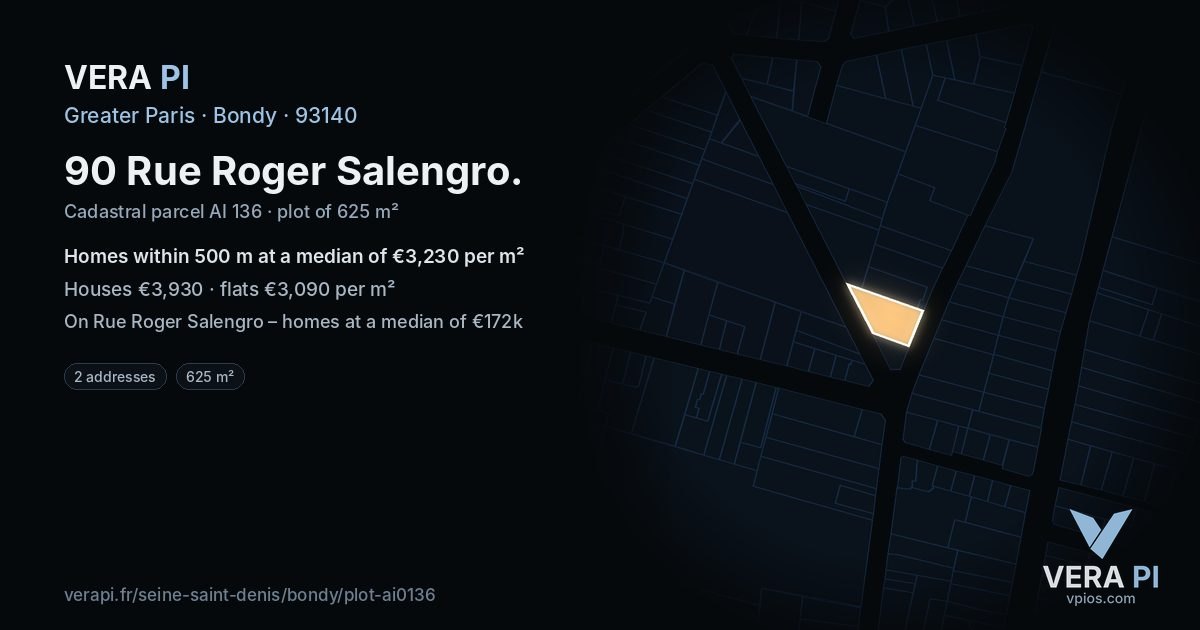90 Rue Roger Salengro, Bondy at night – the plot lit, the parcels around coloured by the prices near them