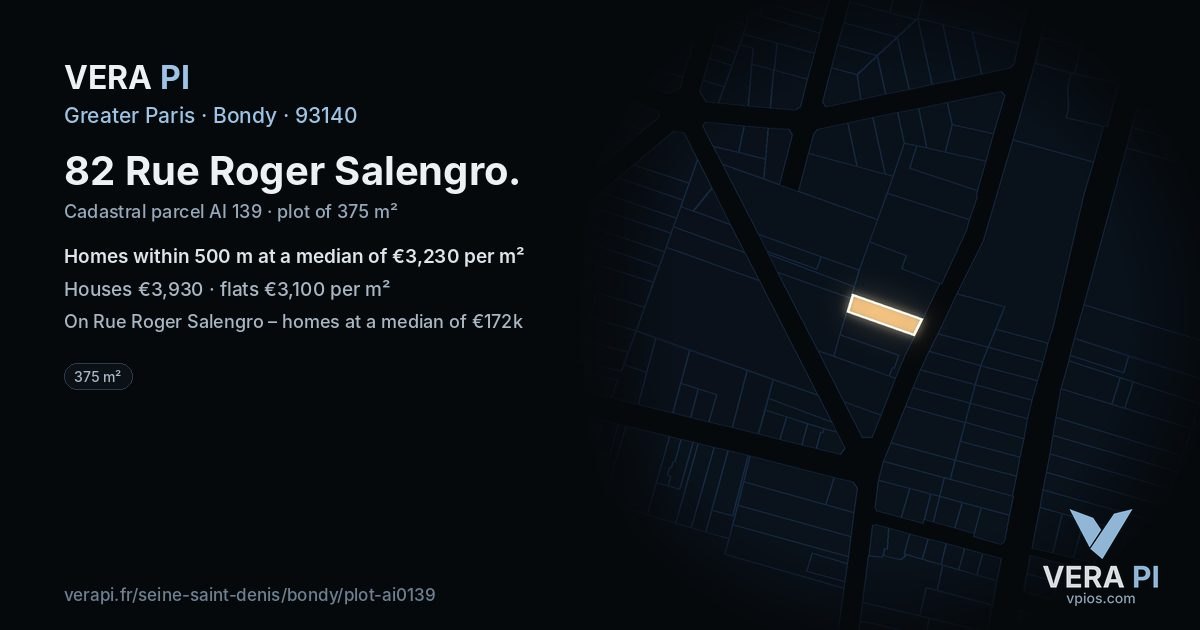 82 Rue Roger Salengro, Bondy at night – the plot lit, the parcels around coloured by the prices near them