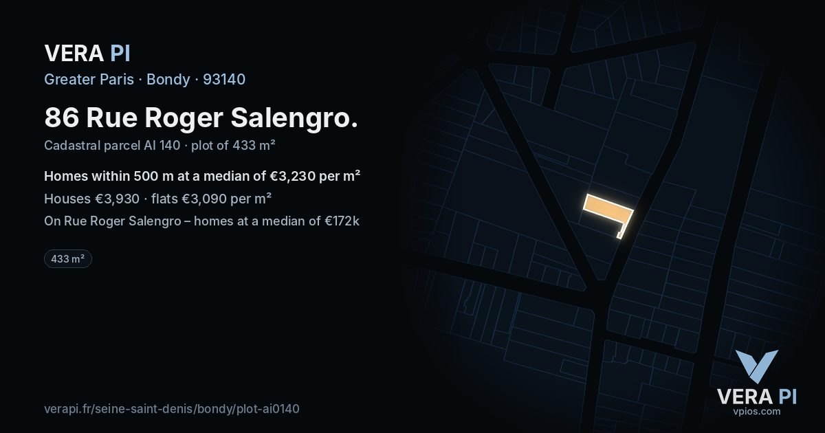 86 Rue Roger Salengro, Bondy at night – the plot lit, the parcels around coloured by the prices near them
