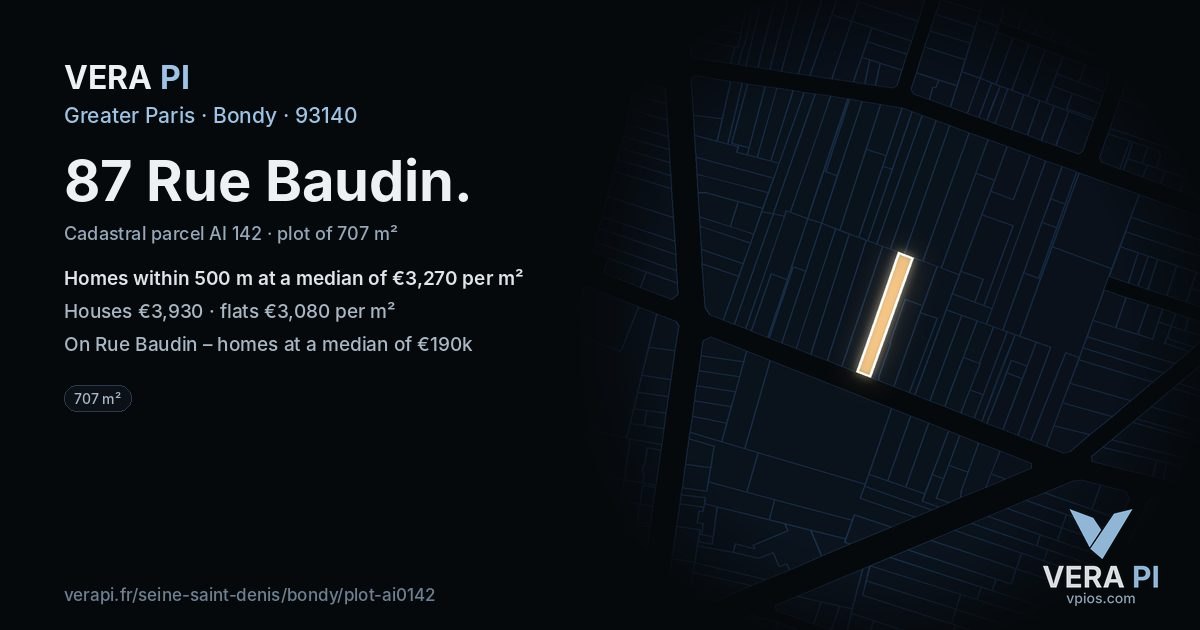 87 Rue Baudin, Bondy at night – the plot lit, the parcels around coloured by the prices near them