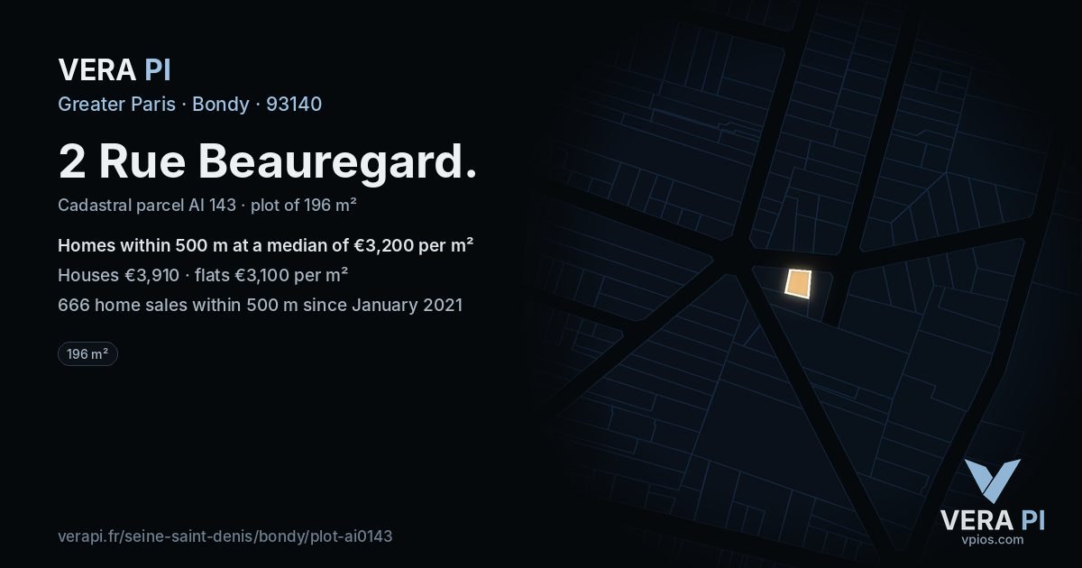2 Rue Beauregard, Bondy at night – the plot lit, the parcels around coloured by the prices near them
