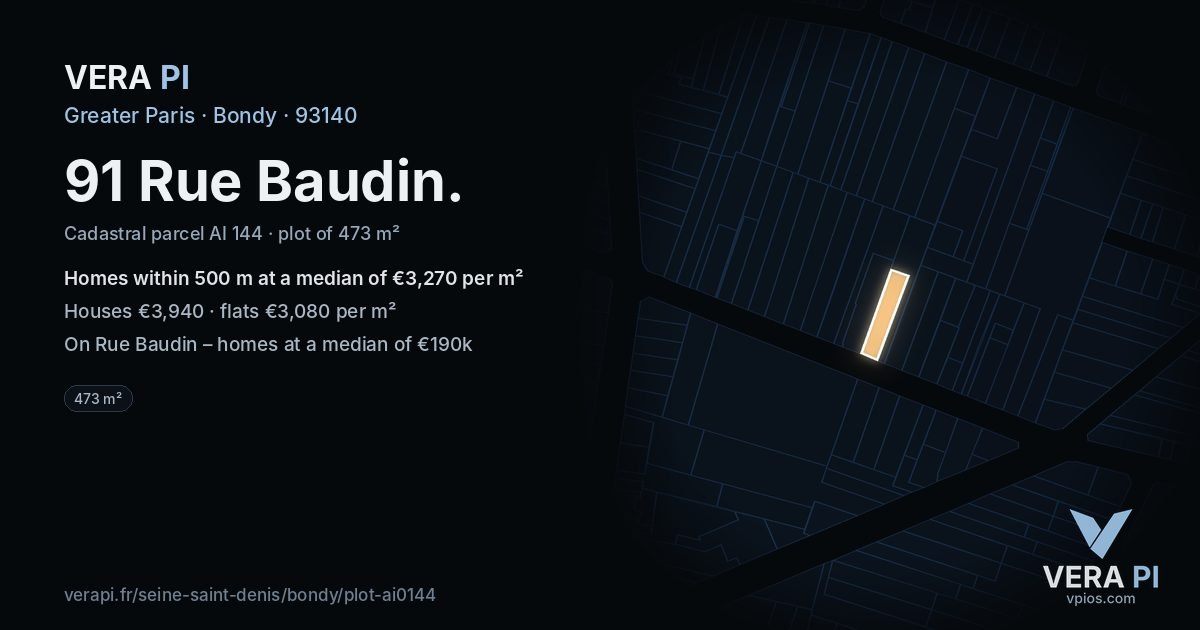91 Rue Baudin, Bondy at night – the plot lit, the parcels around coloured by the prices near them
