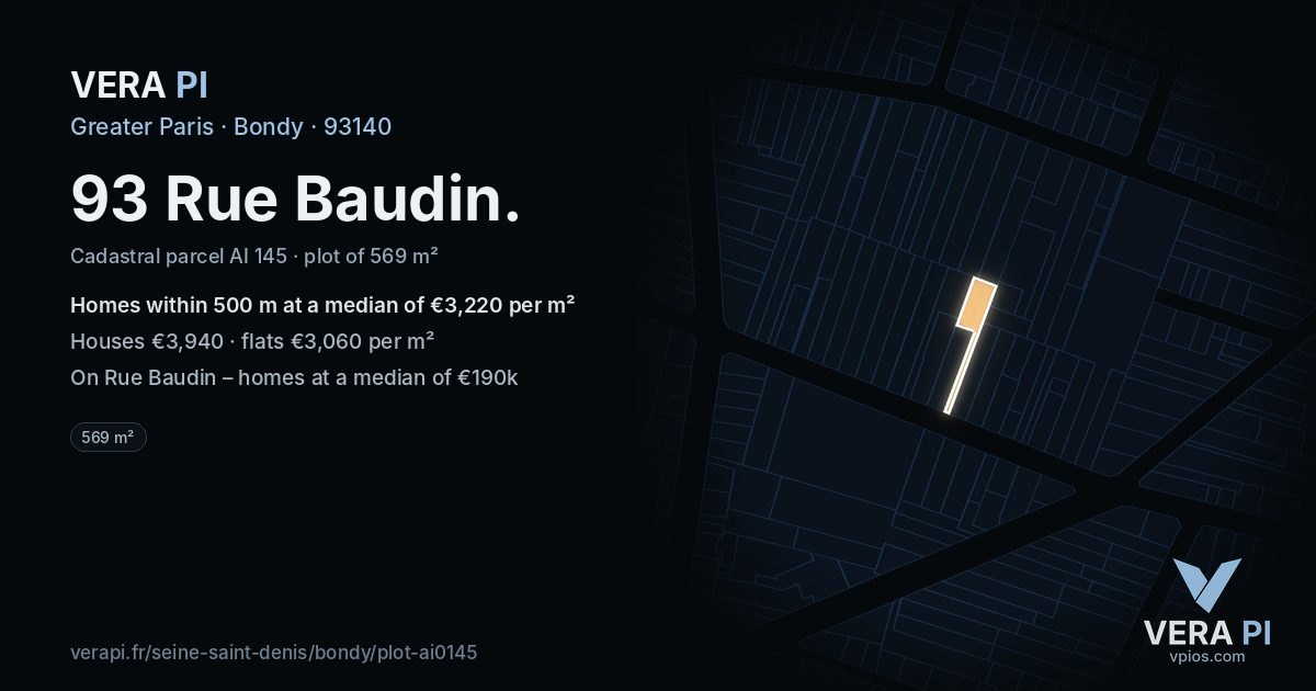 93 Rue Baudin, Bondy at night – the plot lit, the parcels around coloured by the prices near them