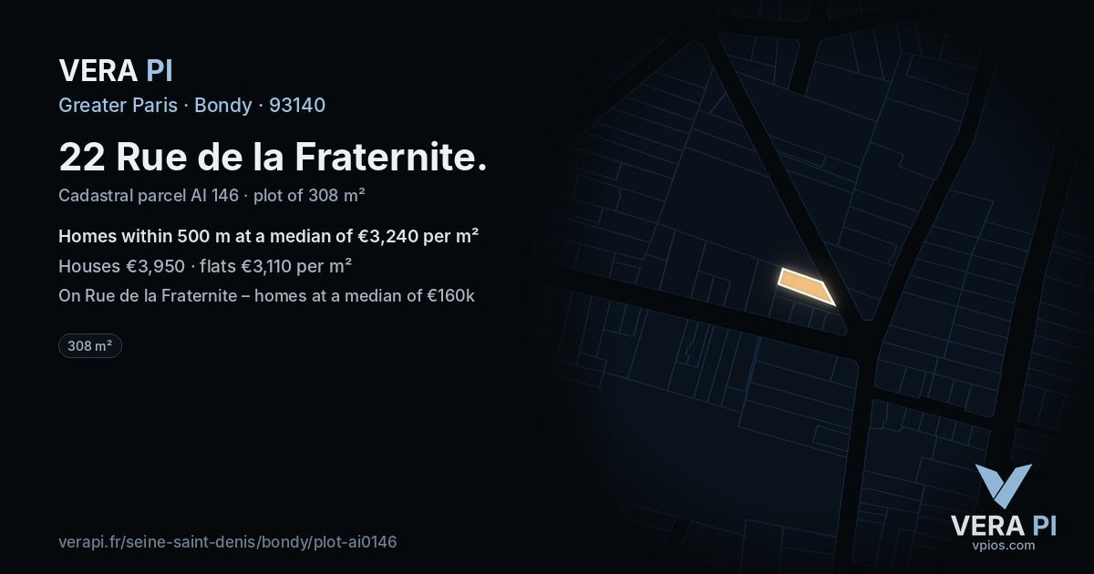 22 Rue de la Fraternite, Bondy at night – the plot lit, the parcels around coloured by the prices near them