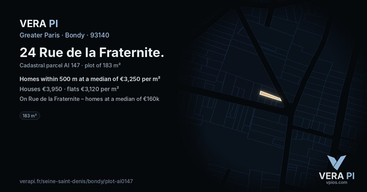 24 Rue de la Fraternite, Bondy at night – the plot lit, the parcels around coloured by the prices near them