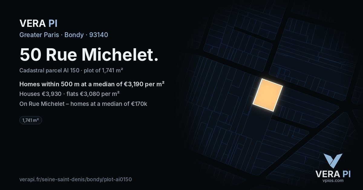 50 Rue Michelet, Bondy at night – the plot lit, the parcels around coloured by the prices near them