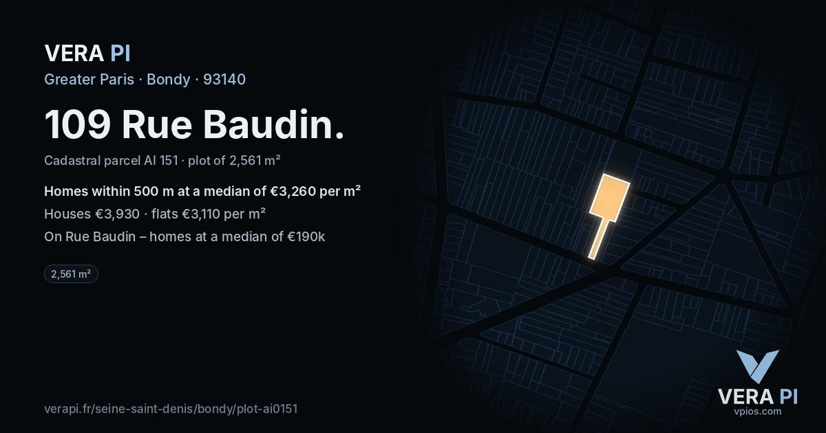 109 Rue Baudin, Bondy at night – the plot lit, the parcels around coloured by the prices near them