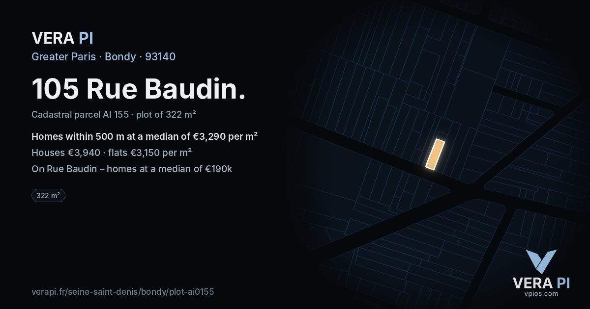 105 Rue Baudin, Bondy at night – the plot lit, the parcels around coloured by the prices near them