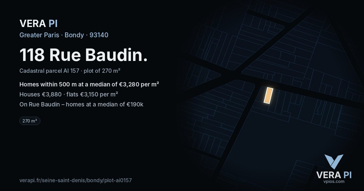 118 Rue Baudin, Bondy at night – the plot lit, the parcels around coloured by the prices near them