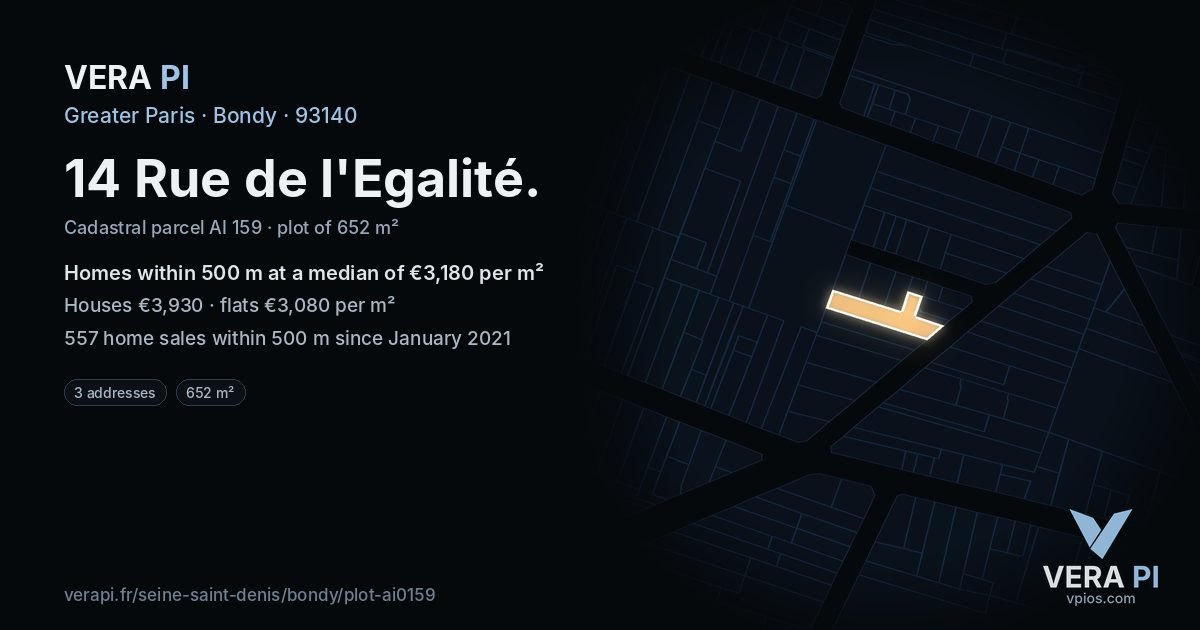 14 Rue de l'Egalité, Bondy at night – the plot lit, the parcels around coloured by the prices near them