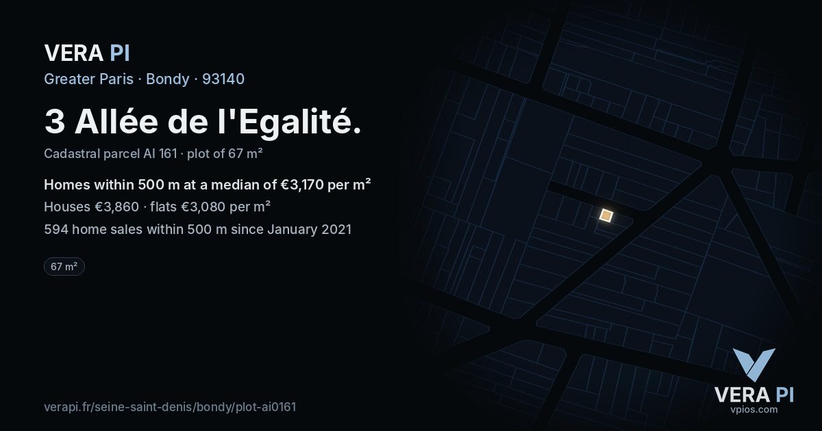 3 Allée de l'Egalité, Bondy at night – the plot lit, the parcels around coloured by the prices near them