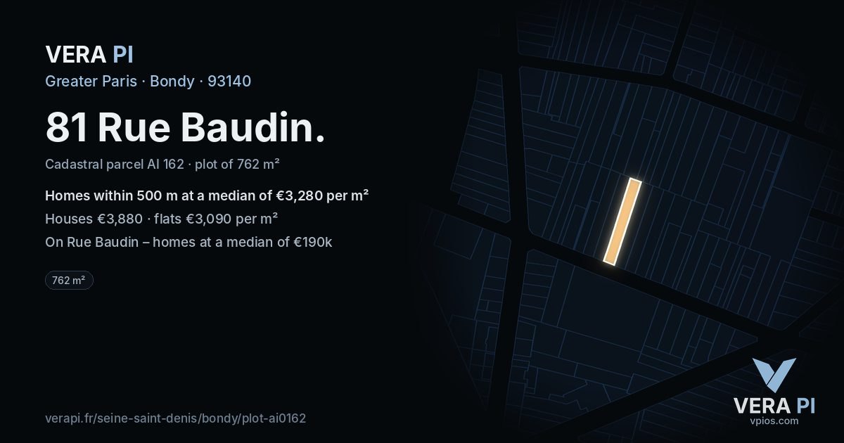 81 Rue Baudin, Bondy at night – the plot lit, the parcels around coloured by the prices near them