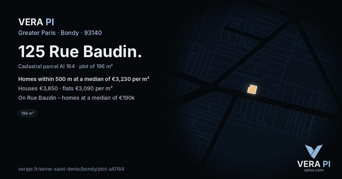 125 Rue Baudin, Bondy at night – the plot lit, the parcels around coloured by the prices near them