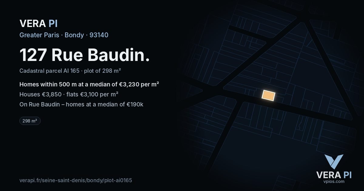 127 Rue Baudin, Bondy at night – the plot lit, the parcels around coloured by the prices near them