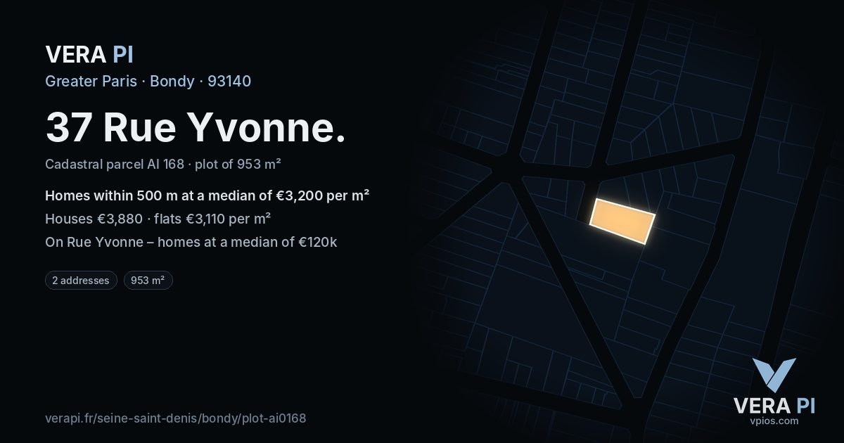 37 Rue Yvonne, Bondy at night – the plot lit, the parcels around coloured by the prices near them