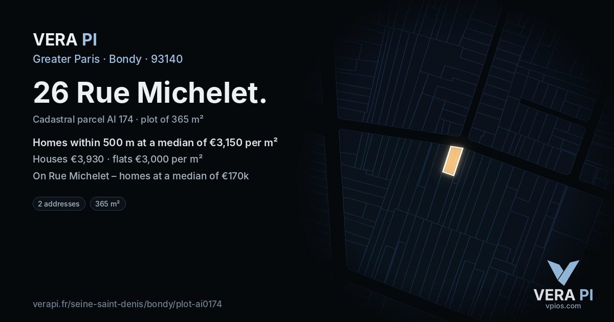 26 Rue Michelet, Bondy at night – the plot lit, the parcels around coloured by the prices near them