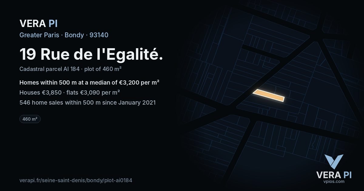 19 Rue de l'Egalité, Bondy at night – the plot lit, the parcels around coloured by the prices near them