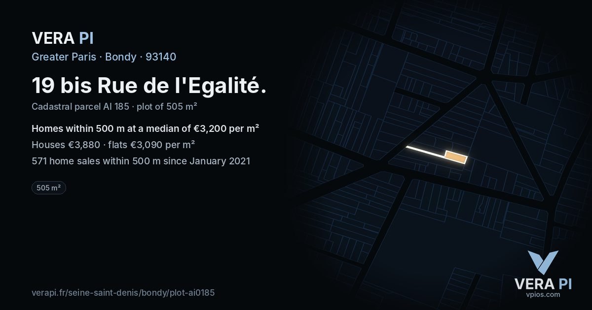 19 bis Rue de l'Egalité, Bondy at night – the plot lit, the parcels around coloured by the prices near them