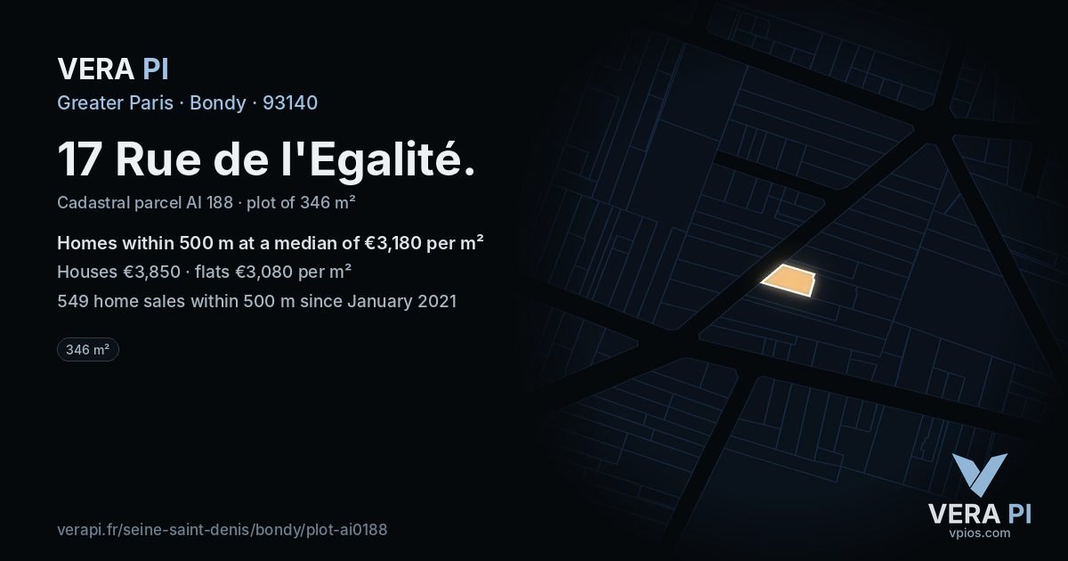 17 Rue de l'Egalité, Bondy at night – the plot lit, the parcels around coloured by the prices near them