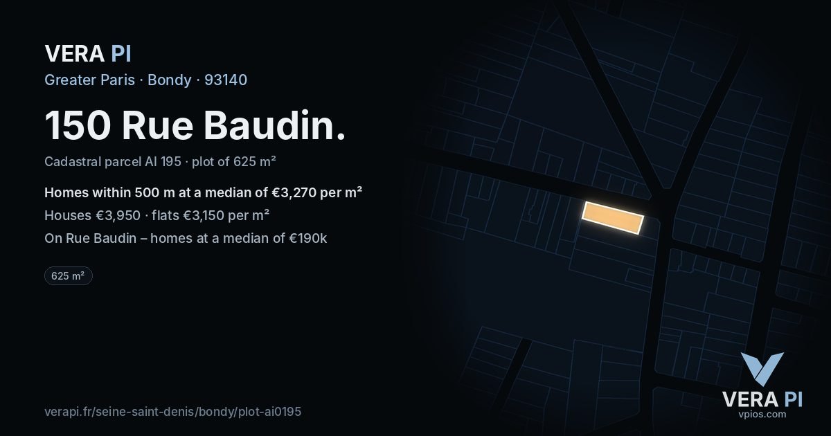 150 Rue Baudin, Bondy at night – the plot lit, the parcels around coloured by the prices near them
