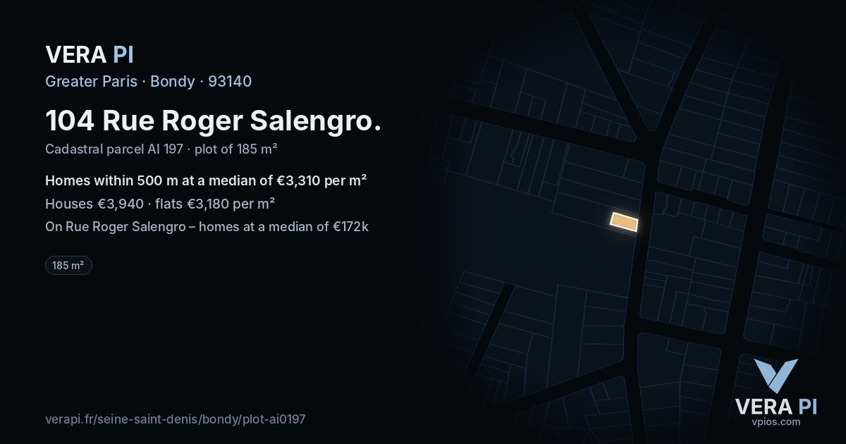 104 Rue Roger Salengro, Bondy at night – the plot lit, the parcels around coloured by the prices near them