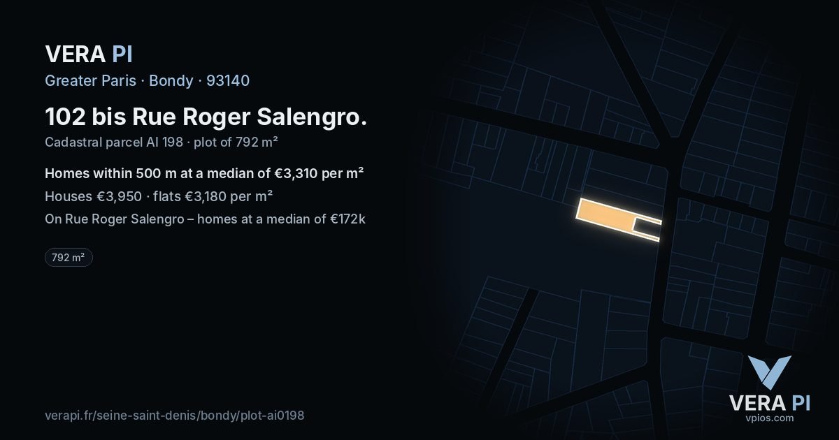 102 bis Rue Roger Salengro, Bondy at night – the plot lit, the parcels around coloured by the prices near them