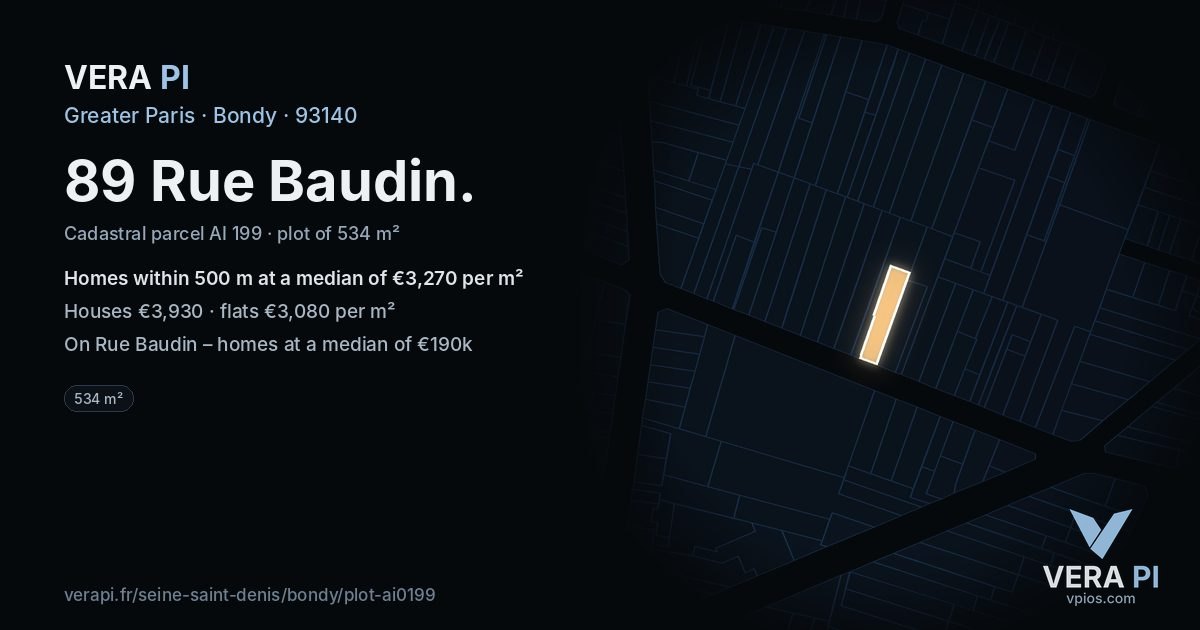 89 Rue Baudin, Bondy at night – the plot lit, the parcels around coloured by the prices near them