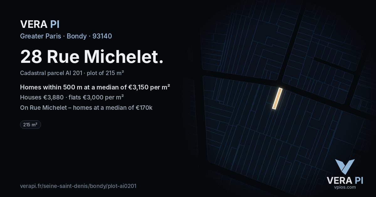 28 Rue Michelet, Bondy at night – the plot lit, the parcels around coloured by the prices near them
