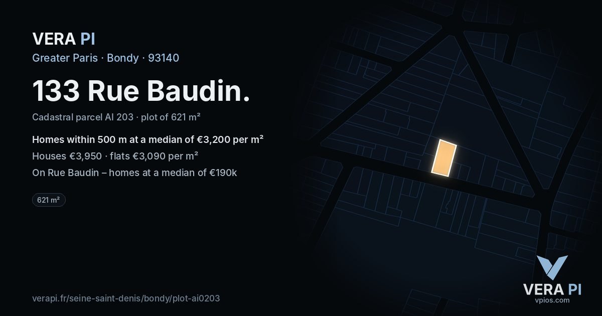 133 Rue Baudin, Bondy at night – the plot lit, the parcels around coloured by the prices near them