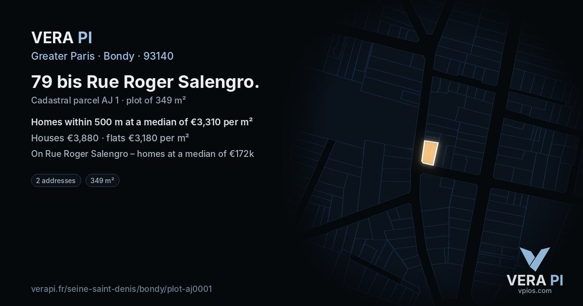 79 bis Rue Roger Salengro, Bondy at night – the plot lit, the parcels around coloured by the prices near them