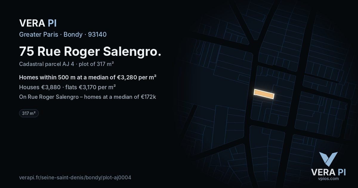 75 Rue Roger Salengro, Bondy at night – the plot lit, the parcels around coloured by the prices near them