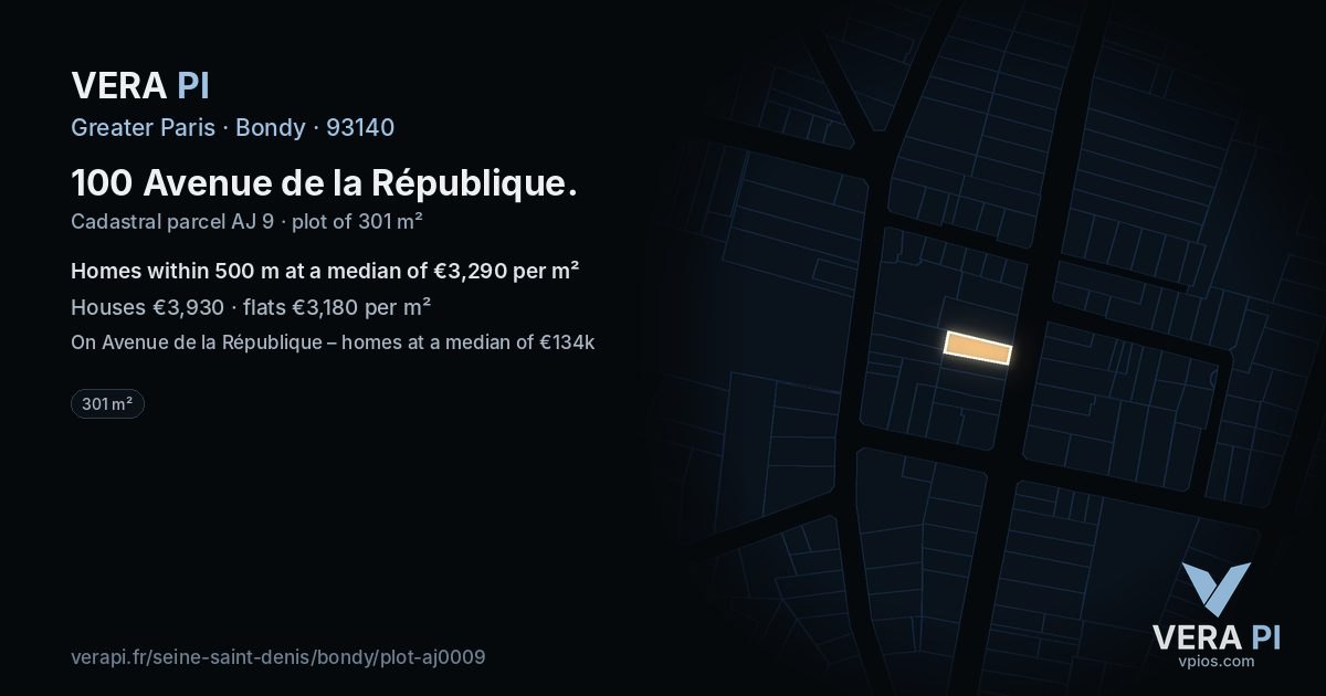 100 Avenue de la République, Bondy at night – the plot lit, the parcels around coloured by the prices near them