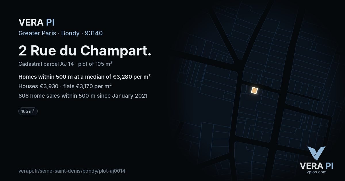 2 Rue du Champart, Bondy at night – the plot lit, the parcels around coloured by the prices near them