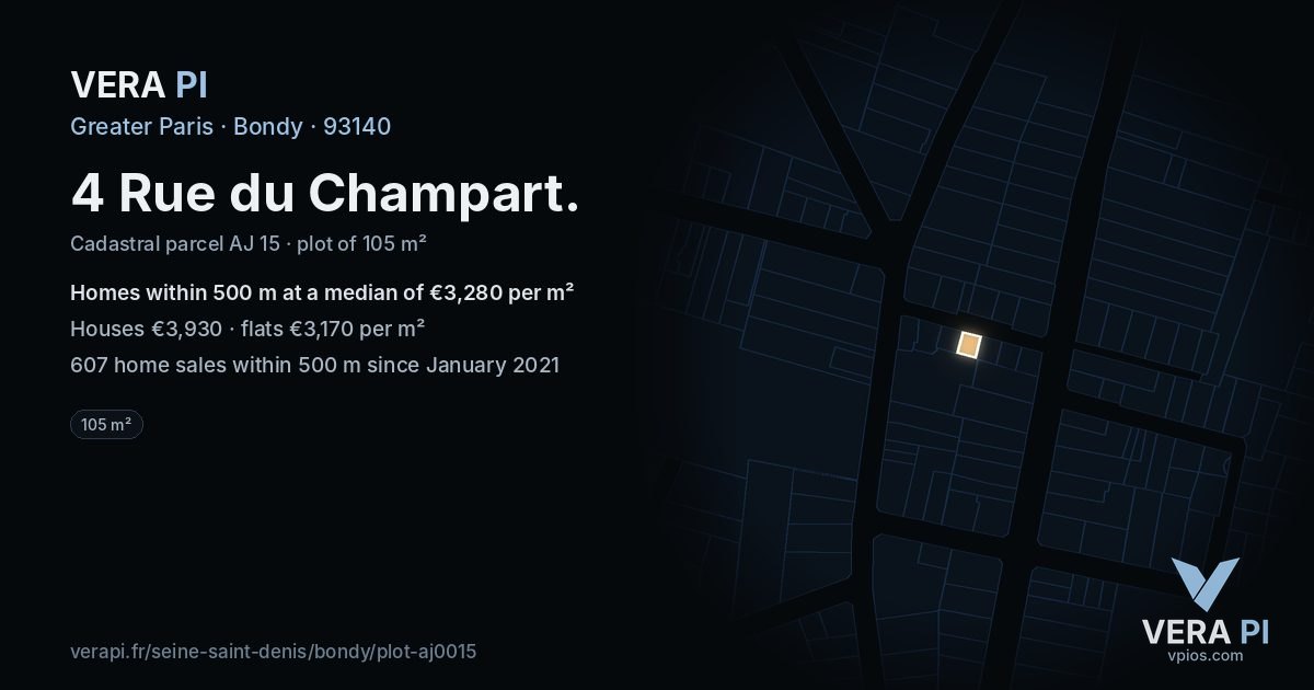 4 Rue du Champart, Bondy at night – the plot lit, the parcels around coloured by the prices near them