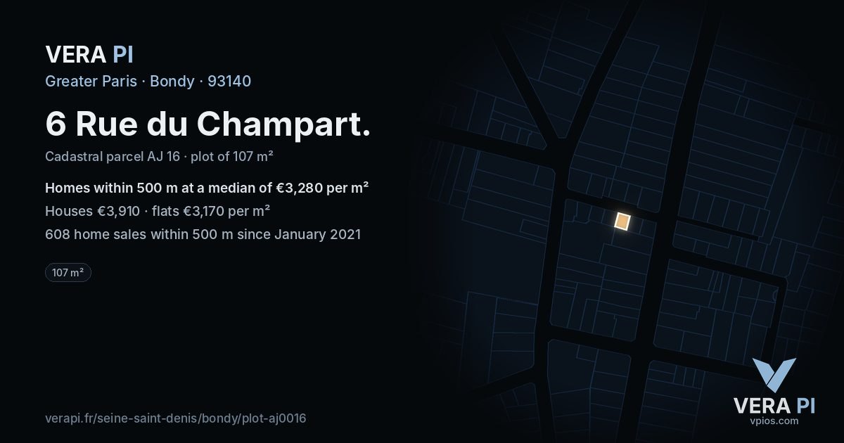 6 Rue du Champart, Bondy at night – the plot lit, the parcels around coloured by the prices near them