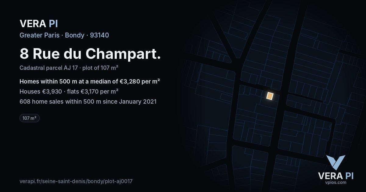 8 Rue du Champart, Bondy at night – the plot lit, the parcels around coloured by the prices near them