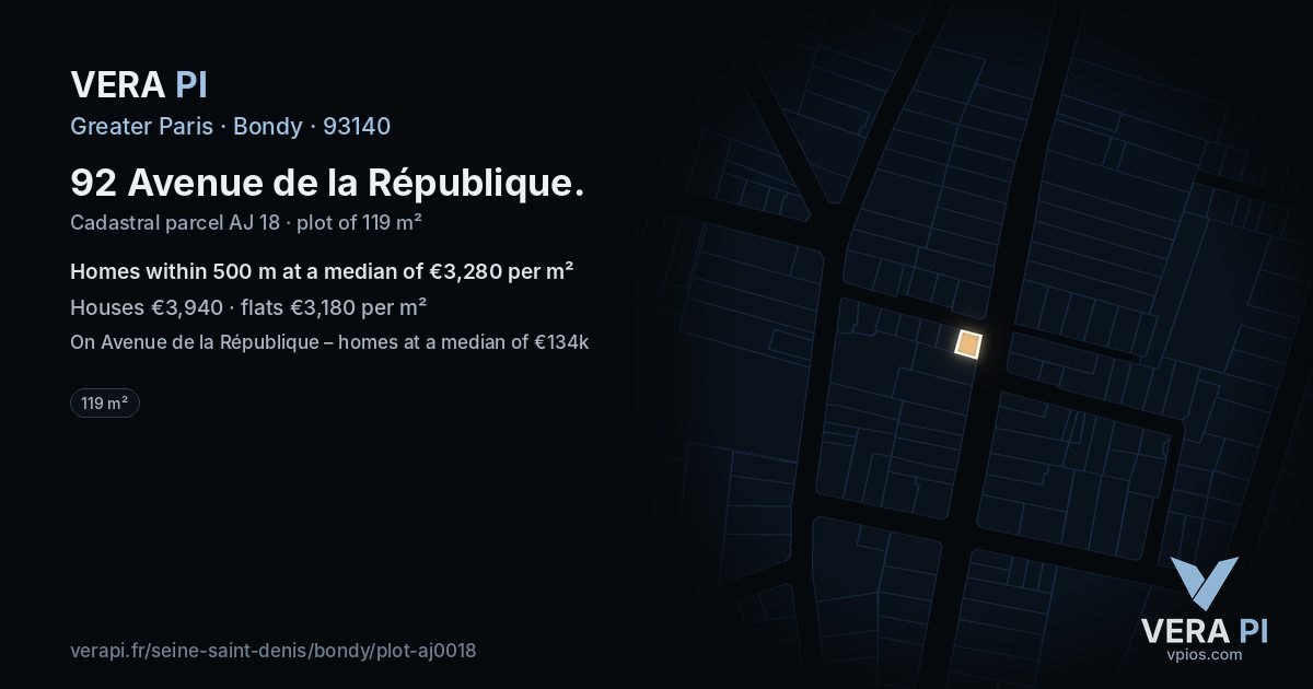 92 Avenue de la République, Bondy at night – the plot lit, the parcels around coloured by the prices near them