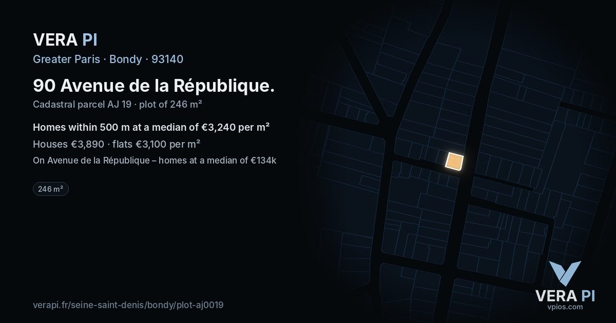 90 Avenue de la République, Bondy at night – the plot lit, the parcels around coloured by the prices near them