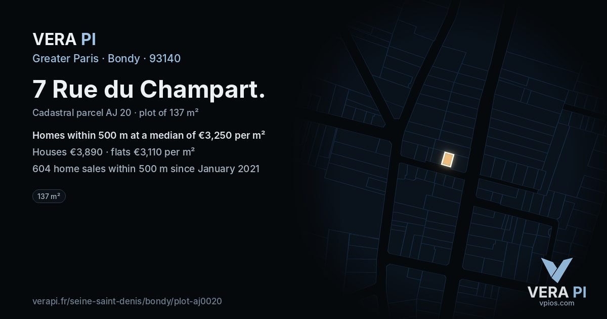 7 Rue du Champart, Bondy at night – the plot lit, the parcels around coloured by the prices near them