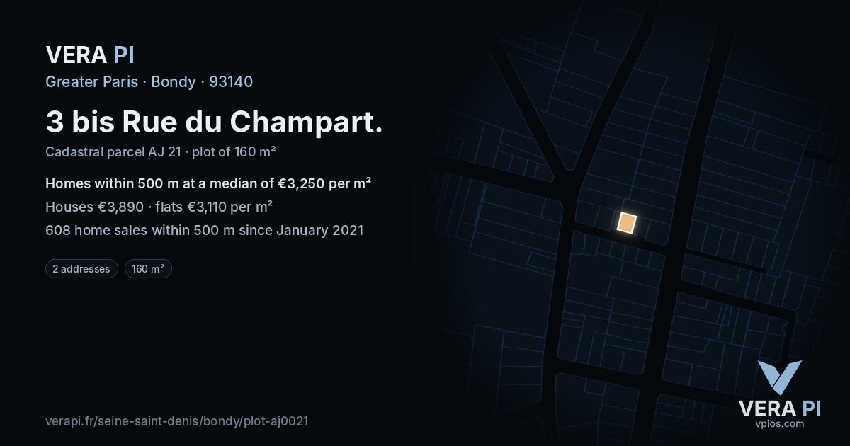 3 bis Rue du Champart, Bondy at night – the plot lit, the parcels around coloured by the prices near them