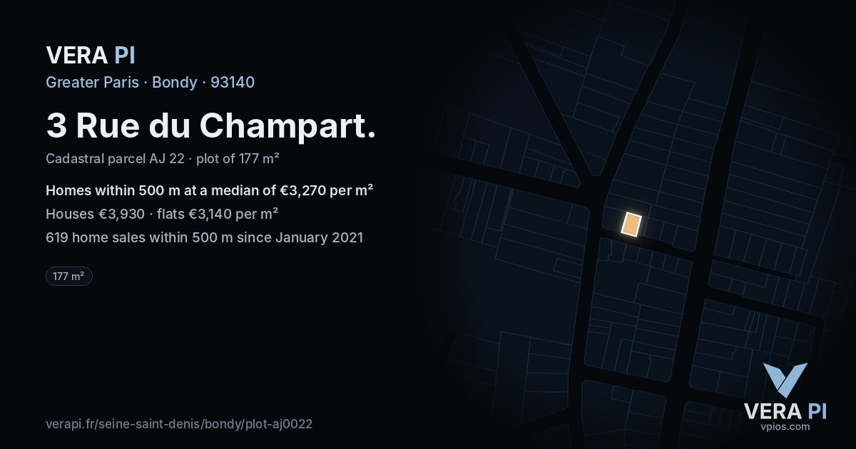 3 Rue du Champart, Bondy at night – the plot lit, the parcels around coloured by the prices near them