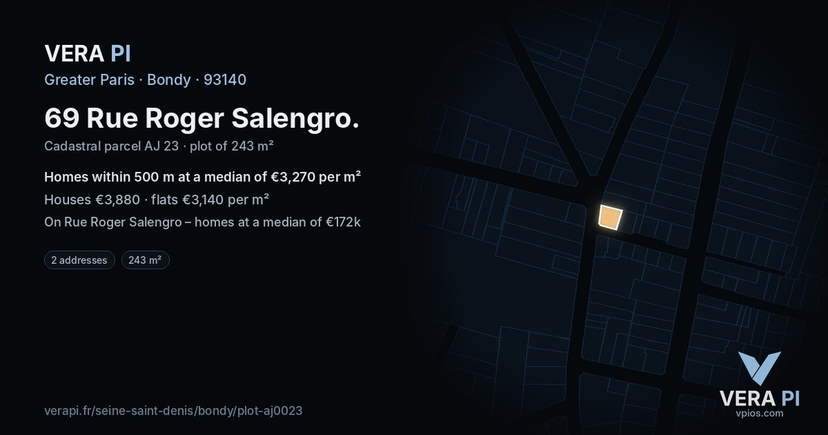 69 Rue Roger Salengro, Bondy at night – the plot lit, the parcels around coloured by the prices near them