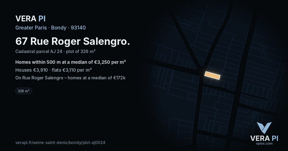 67 Rue Roger Salengro, Bondy at night – the plot lit, the parcels around coloured by the prices near them