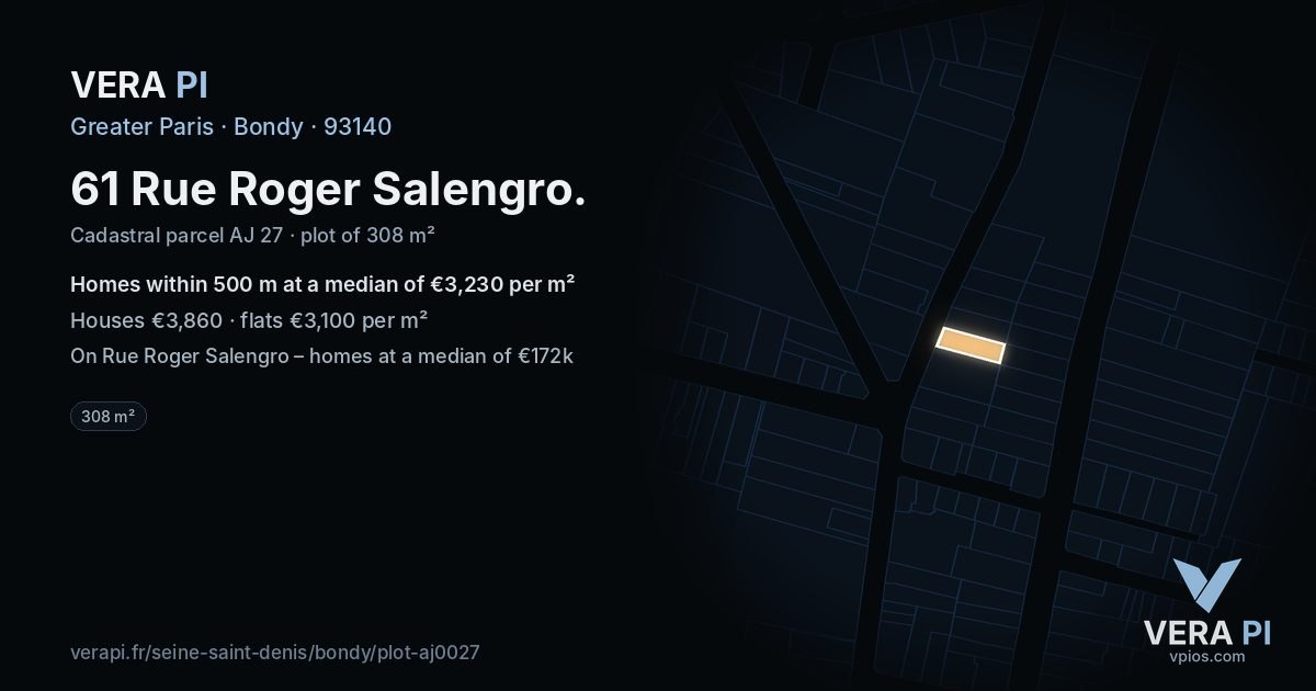 61 Rue Roger Salengro, Bondy at night – the plot lit, the parcels around coloured by the prices near them