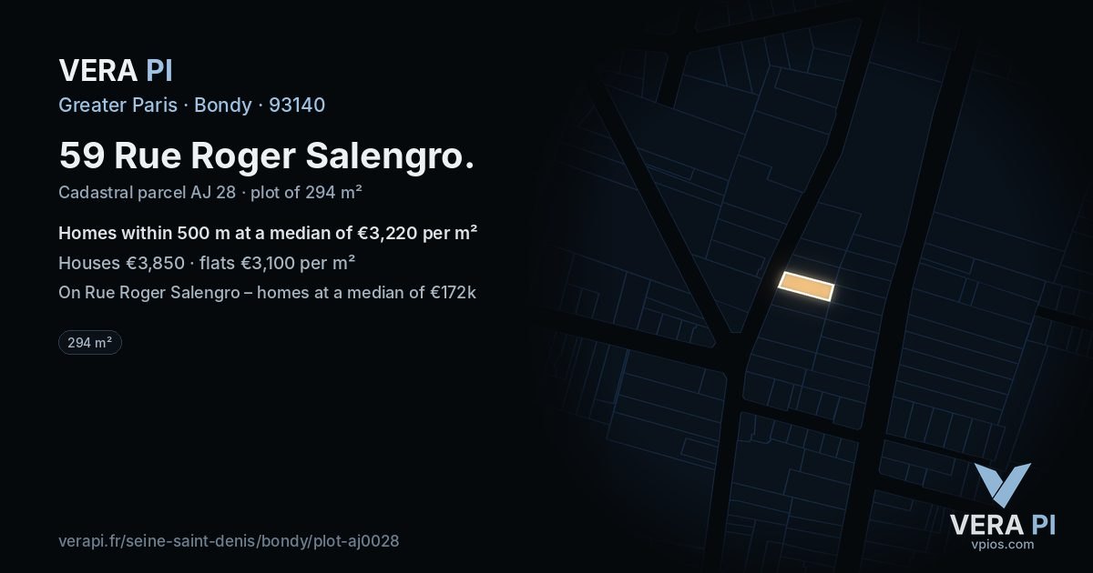 59 Rue Roger Salengro, Bondy at night – the plot lit, the parcels around coloured by the prices near them