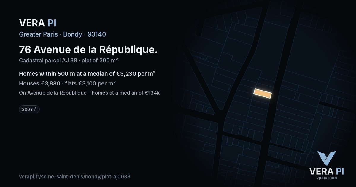 76 Avenue de la République, Bondy at night – the plot lit, the parcels around coloured by the prices near them