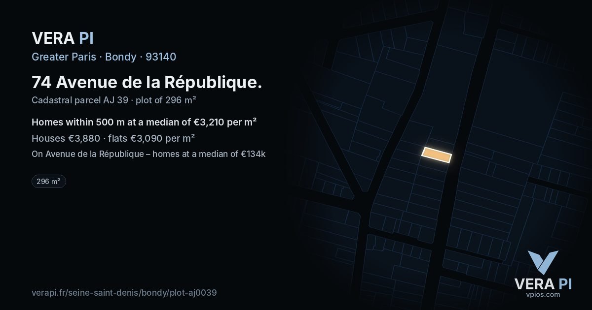 74 Avenue de la République, Bondy at night – the plot lit, the parcels around coloured by the prices near them
