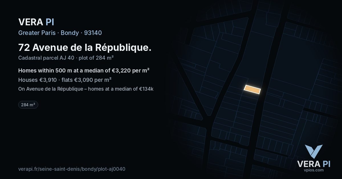 72 Avenue de la République, Bondy at night – the plot lit, the parcels around coloured by the prices near them